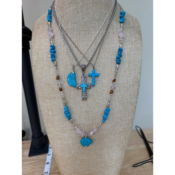 Layered Turquoise Look & Silver Tone Necklace Set With Cross & Bear Pendants - Picture 1 of 10